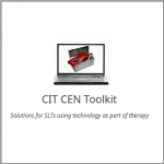 CIT CEN Logo (a laptop showing a picture of a toolkit on its screen), plus the text "solutions for SLTs using technology in their practice"