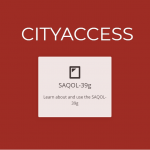 CITY ACCESS in white against a dark red background. Inset, an off-white bos, saying SAQOL-39g