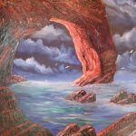 Oil painting. A red rock cove is shown with a dark sky visible in the background and a rolling sea beneath it.